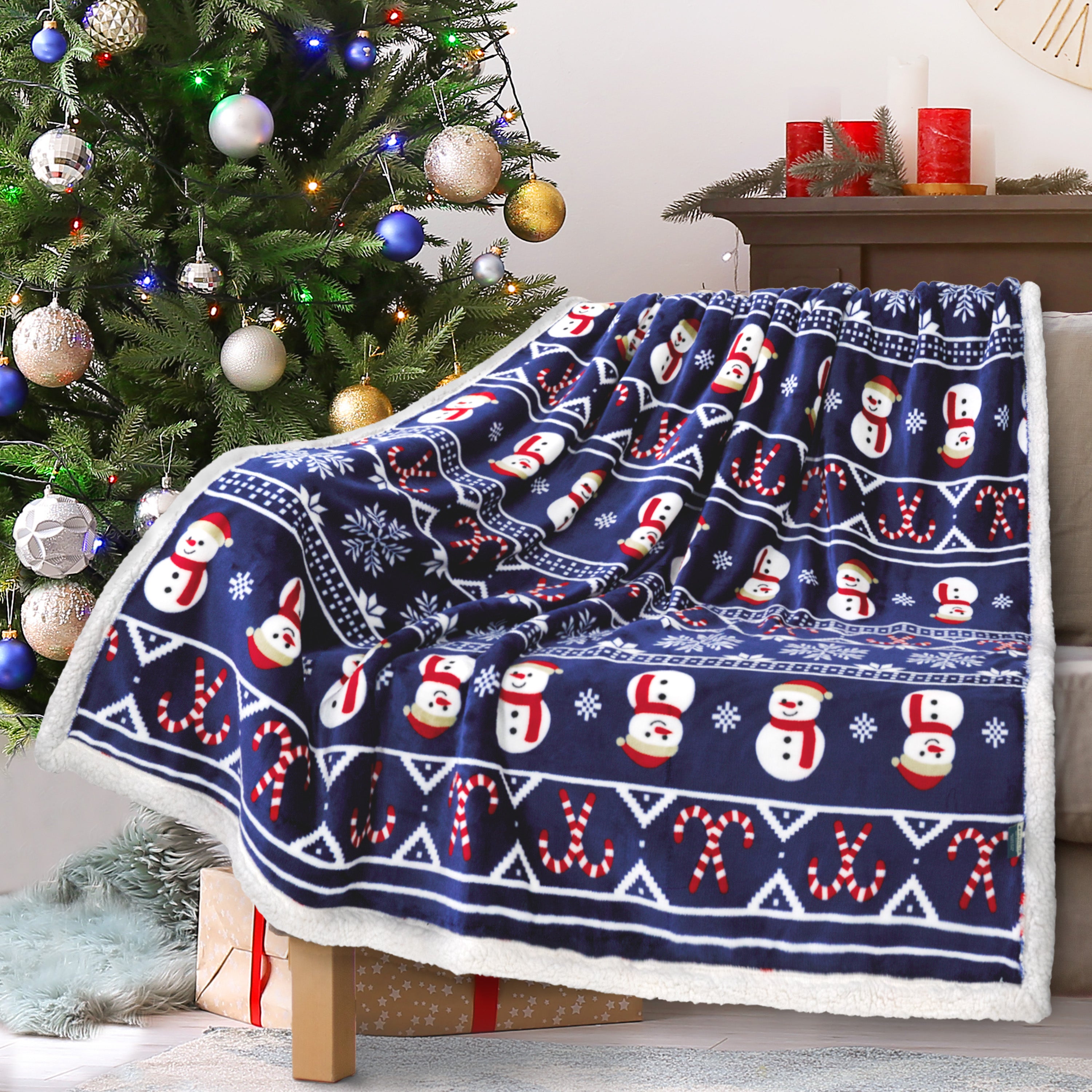 Christmas Blanket Holiday Theme Print Warm Sherpa Fleece Throw Sofa Couch Bed