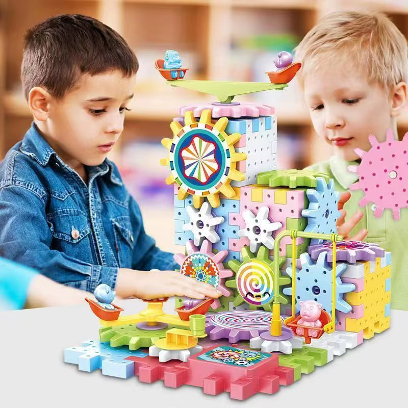 Montessori Kids Electric Gear Building Toy Set Spinning Gears Set Gear Rail Car Big Building STEM Construction Christmas Toy