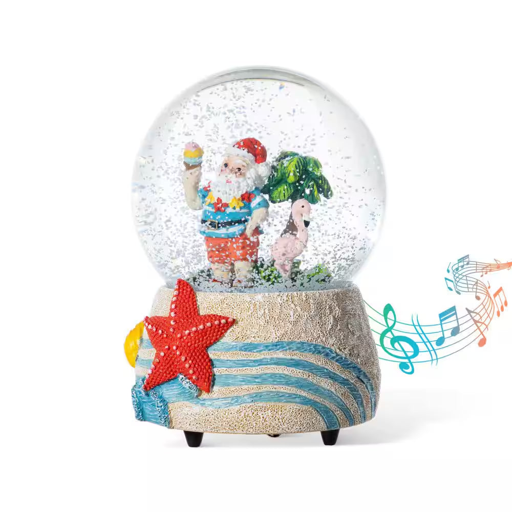 5.12 In. H Christmas Resin Musical Snowflakes Santa on Vacation Waterglobe