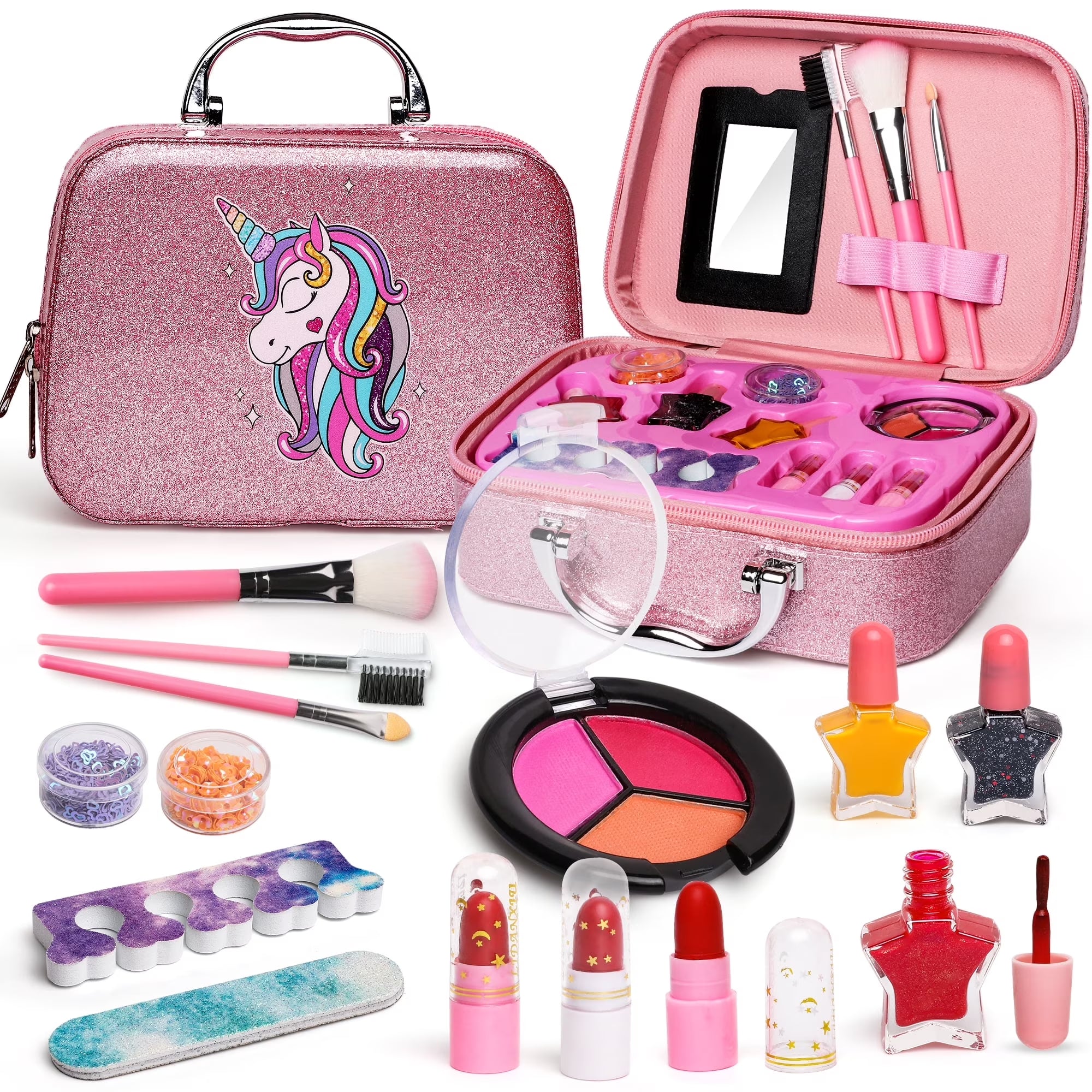 Pretend Makeup Kit for Girls, with Cosmetic Bag for Birthday Christmas, Toy Makeup Set for Toddler, Little Girls Age 3+