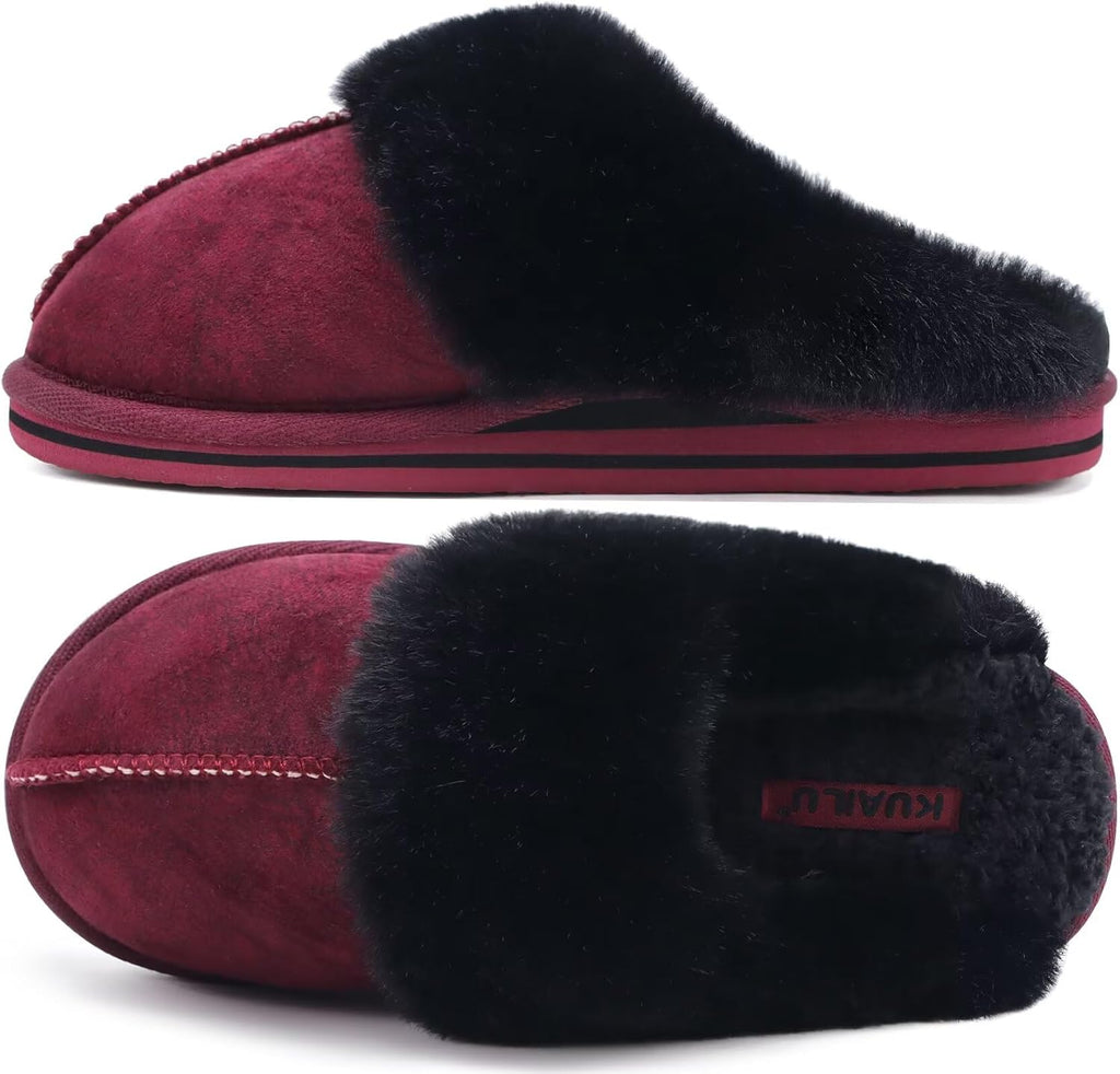Womens Fluff Dual Memory Foam Slippers Ladies Cozy Arch Support Warm Scuff Slippers Slip on Comfy Winter House Shoes with Non-Slip Indoor Outdoor Hard Sole