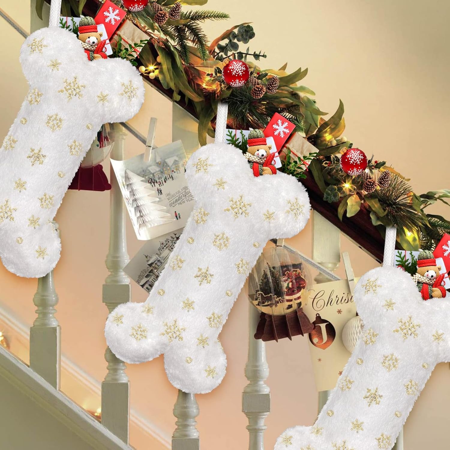 Pet Dog Christmas Stocking, Xmas Luxury Faux Fur Large Bone Shape Hanging with Silver & Gold Snowflakes Sequin Decorations Pets Christmas Stockings for Dogs Cats Pets (Gold Sequins)