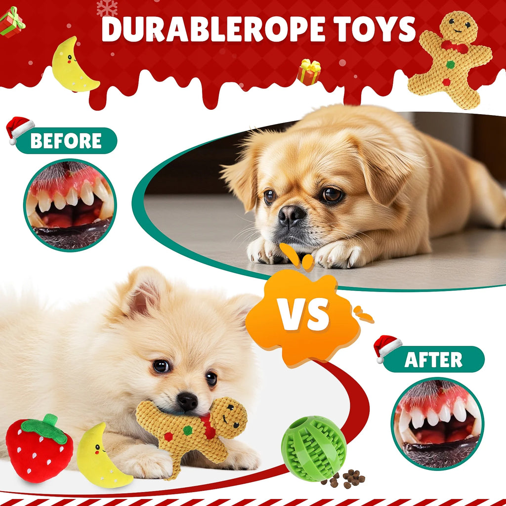 Christmas Dog Toys, Puppy Chew Toy for Teething and Training with Gift Bag, Tough Xmas Gift Plush Squeaky Toy for Small Dogs