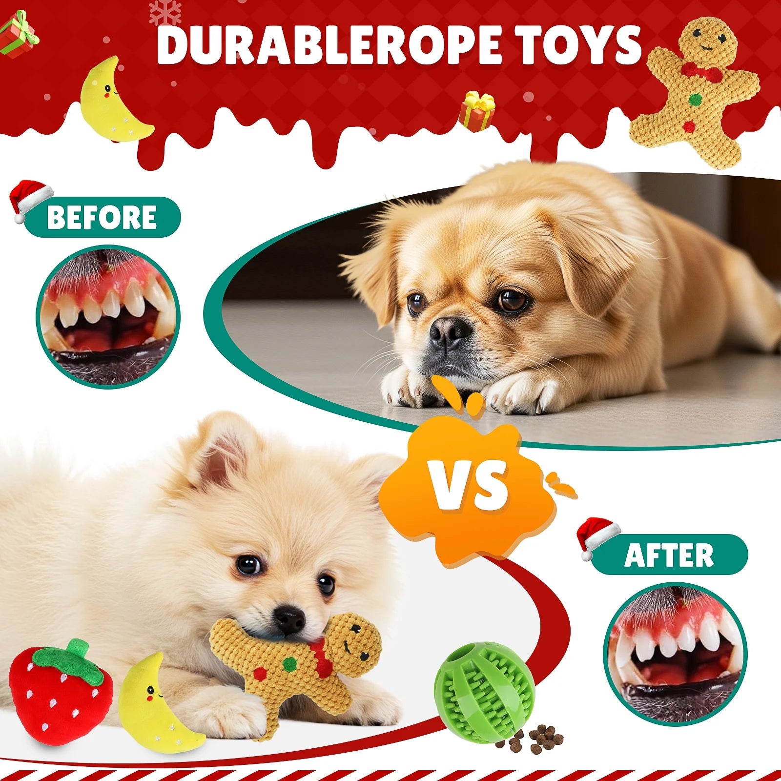 Christmas Dog Toys, Puppy Chew Toy for Teething and Training with Gift Bag, Tough Xmas Gift Plush Squeaky Toy for Small Dogs